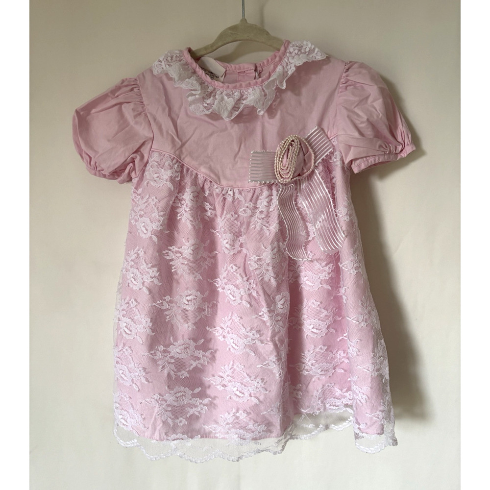 Vtg Pretty As A Picture Girls Dress 4T Pink Easter Aline Lace Shirt Sleeve Flora